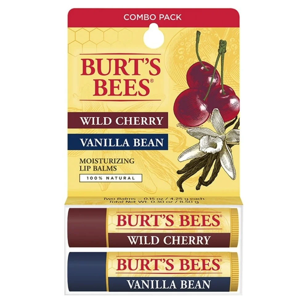 2 x Burt's Bees Lip Balms, Moisturizing, Wild Cherry & Vanilla Bean 2 Pack